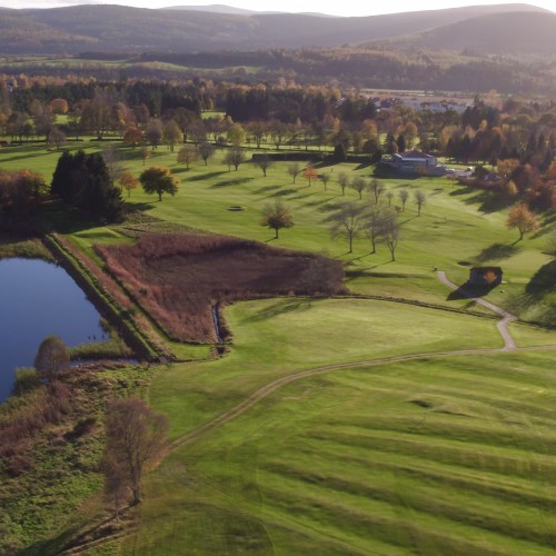 Aboyne Golf Club Scotland 10th back to clubhouse and mountains
